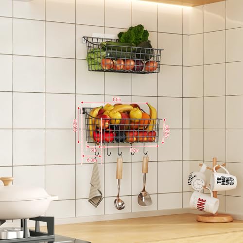 2 Pack Wall Hanging Baskets for Organizing, Large Metal Wire Basket with 5 Hooks+2 Strong Long Adhesive Hooks,Kitchen Hanging Mesh Organizer, Wall Mounted Bin for Kitchen, Bathroom, Bedroom,SUV,Garage - size: 13"L x 6.3"W x 6.02"H-2Pack