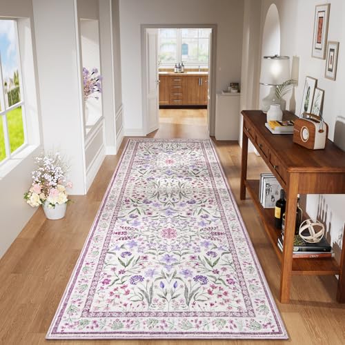 Amearea Purple Runner Rugs for Hallway, 2x6 Feet Area Rugs for Bedroom Girls, Washable Floral Collection Bedside Rugs Low Pile Print Carpet, Kids Room Entrance Kitchen Living Room Decor - color: Purple, size: 2x6 Feet