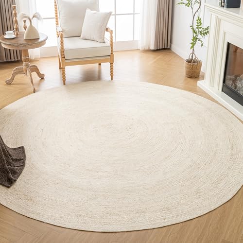 Shatex White Round Rug 6 Feet, Chunky Hand Braided Textured Jute Rug Rustic Style for Home Decor, Bedroom, Living Room, 100% Natural Jute Fiber, Off-White - color: Off-white, size: 6' (Round)