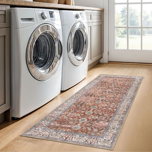 KUTA Runners for Hallways 2x5 ft, Vintage Floral Rug Non-Slip Washable Kitchen Bathroom Rugs Red Clay Ultra Thin Soft Printed Distressed Flower Carpet Entryway Rugs for Bedroom Laundry Nursery - color: Red Clay, size: 2' x 5' (Runner)