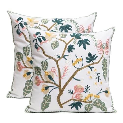 Pack of 2 Embroidered Decorative Throw Pillow Cover 18x18 Inch Farmhouse Floral Pillowcase for Living Room Sofa Bed (Spring Tree Floral) - color: Spring Tree Floral