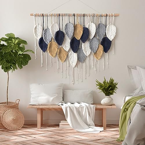 Alynsehom Large Macrame Wall Hanging, Boho Handmade Leaf Feather Bohemian Woven Tapestry, Chic Wall Art Home Decor for Bedroom Living Room Nursery Apartment Decorations(39" W x 29.5" L) - color: Dark Blue-39"W x 29.5"L