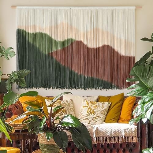 IOWER Macrame Wall Hanging Large Mountain Landscape Boho Wall Art Craftmanship Handmade Home Wall Decor for Living Room Bedroom Apartment Dorm 57" W x 35" L - color: Brown and Green