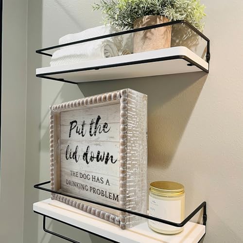 Boho Farmhouse Wooden Framed Bathroom Decor Signs, Funny Restroom Decorative Plaque Small Cute, Toilet Rules Shelf Decoration (Put the Lid Down the Dog Has A Drinking Problem) - color: Put the Lid Down the Dog Has A Drinking Problem
