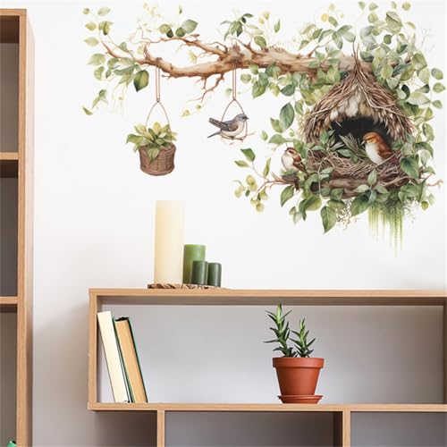 Bird Nest and Tree Branch Wall Decal, Decorative Vinyl Large Tree Branch Wall Sticker with Hanging Basket Design, Nature-Inspired Birds Nests Room Decor (Cute Bird Nest)