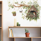 Bird Nest and Tree Branch Wall Decal, Decorative Vinyl Large Tree Branch Wall Sticker with Hanging Basket Design, Nature-Inspired Birds Nests Room Decor (Cute Bird Nest)