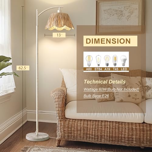 Oneach Farmhouse Floor Lamps for Living Room, Boho Floor Lamp for Bedroom with Foot Switch, Rattan Floor Lamp for Reading with Hand-Woven Shade, Antique White Metal Base & Pole - color: Washed White