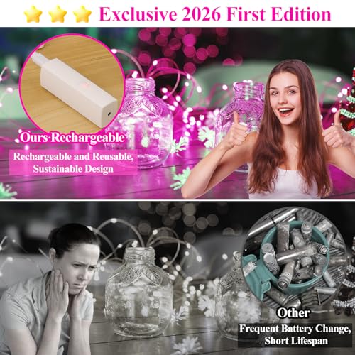 Lakumu 16FT(5M) Pink Copper Wire Fairy Lights, Rechargeable Battery Operated String Lights with Timer, 8 Modes Waterproof Mini LED Twinkle Lights for Bedroom Christmas Wedding Centerpiece Table Decor - color: Pink, size: 16FT