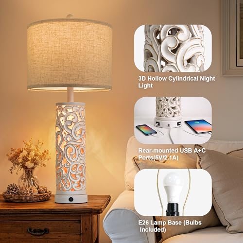 OYEARS 2-in-1 Light Table Lamp Set of 2 for Living Room, 28.5" Farmhouse Bedside Lamps with USB Charging Port, Main&Night Light & Dual Switches, Nightstand Lamp for Bedroom Home Office(Bulb Included) - color: Matte White