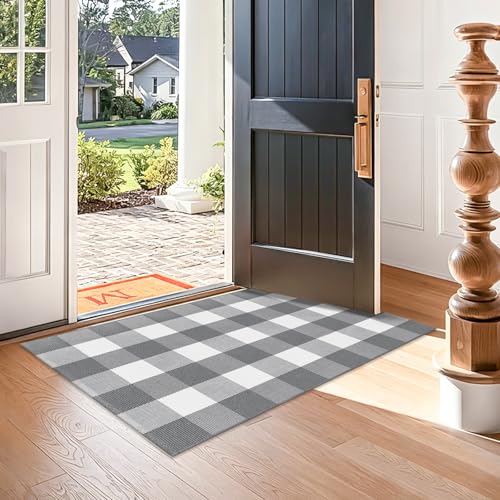 Buffalo Plaid Outdoor Rug 2.3 x 3.6 Ft Grey and White Checkered Rug Cotton Buffalo Plaid Rug Front Door Mat for Front Porch Farmhouse Entryway - color: Grey and White, size: 2.3‘×3.6’