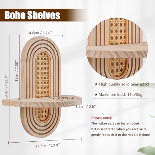 Artilady 2 Pack Boho Shelves Wall Decor - Natural Rattan Solid Wood Floating Shelf Rainbow Arch 2 Tier Trinket Plant Storage Rack Modern Wall Art for Bedroom Nursery Bathroom Office - color: Rattan Burlywood