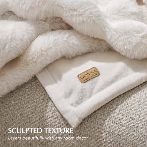 EverGrace Ultra Soft Luxury Fluffy Faux Rabbit Fur Throw Blanket, Thick Warm Bubble Throw for Bed, Cozy Plush Reversible Blankets for Couch, Chair, Sofa, Ivory White, 90x90 Inches - color: Ivory White, size: 90"x90"