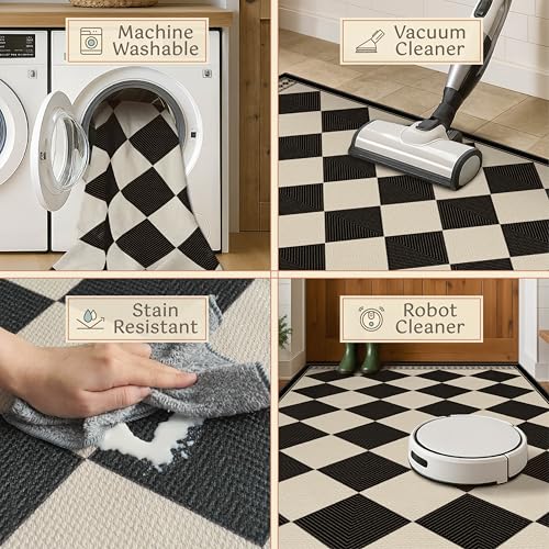 Black and White Diamond Outdoor Easy Jute Front Porch Rug 3x5, Washable Non-Slip Checkered Entryway Rug, Modern Farmhouse Boho Low Pile Indoor Carpet for Living Room, Kitchen, Mudroom, Laundry Room - color: Black White, size: 3' x 5' (Rectangular)
