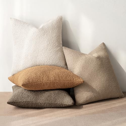 MIULEE Pack of 4 Decorative Textured Boucle Throw Pillow Covers 18x18 Inch Neutral Brown Accent Solid Pillow Cases Couch Cushion Covers for Modern Farmhouse Boho Chair Sofa Bed Room Home Decor - color: Neutral Brown, size: 18" x 18" (Pack of 4)