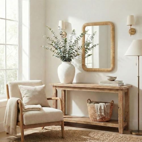 Barnyard Designs Rattan Wall Mirror, Rectangular Farmhouse Boho Accent for Bathroom, Entryway or Bedroom, Woven Natural Honey Rattan Frame (20" × 30", Rectangular) - size: 30"L x 20"W