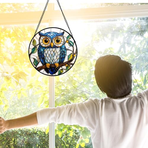 DASTOLL Stained Glass Window Hanging, Owl Gifts for Women Sun Catchers Diamond Glass Panel Hangings Birds Suncatcher Decor for Birthday for Women, Men, Wife, Aunt, and Mom 6.3 in - color: Blue, size: 6.3x6.3 IN