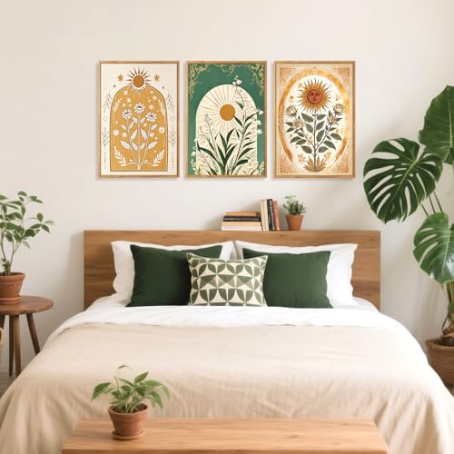 CHDITB Modern Bohemian Celestial Wall Art Set Of 3, Boho Sun Floral Tarot Wall Decor, Nature Mystery India Painting, Minimalist Green Lily Flower Art Prints For Dining Room Bedroom Decor 12”x16” - color: Boho floral
