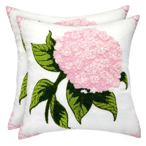 Alysheer Spring Hydrangea Embroidered Decorative Throw Pillow Covers 18"x 18" Set of 2, Summer Floral Tufted Patterned Light Pink Cotton Cushion Cases for Couch Bed Living Room Decor - color: Hydrangea Pink, size: 18" x 18" (Pack of 2)