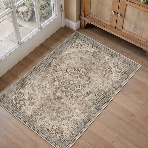 PureCozy Brown 2x3 Rug for Entryway Washable Vintage Small Area Rug Non-Slip Stain Resistant Door Mat Low Pile Retro Accent Indoor Throw Carpet for Entrance Kitchen Bedroom Laundry - color: Vintage | Brown, size: 2' x 3' (Rectangular)