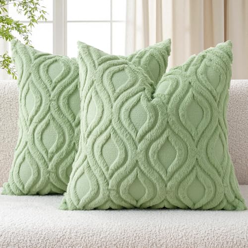 MIULEE Summer Sage Green Throw Pillow Covers 18x18 Inch, Soft Plush Faux Wool Couch Pillow Covers Set of 2 Decorative Farmhouse Boho Throw Pillows for Sofa Living Room Bed - color: Sage Green, size: 18" x 18" (Pack of 2)