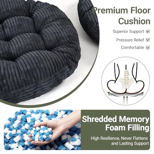 Large Floor Pillow for Adults, 22x22" Memory Foam Floor Cushion with Corduroy Cover, Round Floor Sitting Cushions for Meditation, Lounge,Seating for Yoga, Tatami Living Room (2, Round-Black) - color: Round-black