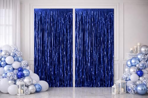 2 Pack Dark Blue Metallic Foil Fringe Curtain Backdrop Streamers 3.2ft x 6.4ft. Party Decoration for Birthday, Wedding, New Years Eve, Graduation, Baby Shower - color: Blue