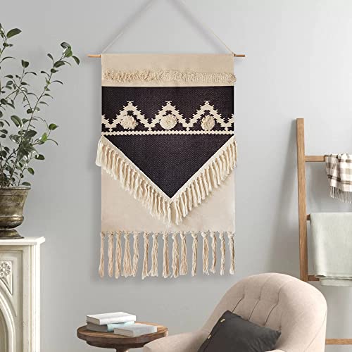 Macrame Woven Wall Tapestry Hanging Art, 20" W x 34" H Extra Large Boho Chic Bohemian Morocco Geometric Tapestries Decor for Apartment Dorm Kids Living Room Bedroom Door Entrance (Black Triangle-004)