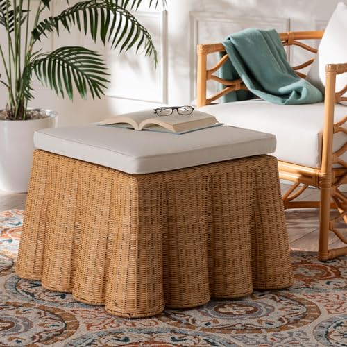 Bali & pari Palm Bohemian Honey Scallop Rattan Ottoman - color: Honey