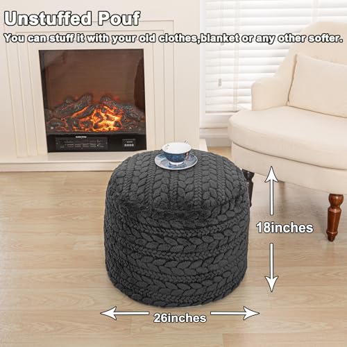 Poofieotto Unstuffed Ottoman Pouf Cover – Round Faux Fur Footstool Plush Floor Pouf (No Filler Included) Perfect for Living Room, Bedroom, or Office Lounge (Gray, 26x26x18 in) - color: Grey, size: 26"D x 26"W x 18"H