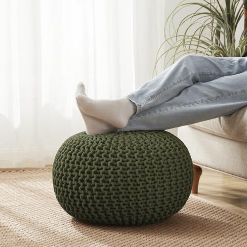 Pouf Ottoman Foot Rest Stuffed – 20” Diameter x 14” Tall Cozy Floor Pouf for Living Room, Bedroom, Nursery & More – 100% Cotton Knit Shell, EPS Bead Filled Footrest & Accent Chair, Green - color: Green