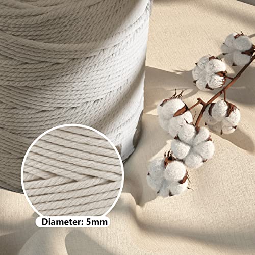 Macrame Cotton Cord 5mm x 328yds, ZUEXT Natural Handmade Beige White Braided Cords 4 Strands Knitted Rope String for Craft Wall Hanging Weaving Tapestry Dream Catchers Hanger DIY Gift (300m) - color: Beige White, style: 5mm x 300m