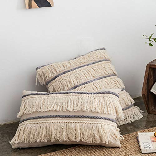 vctops Farmhouse Macrame Cotton Linen Lumbar Decorative Throw Pillow Cover with Long Tassels Boho Hand Woven Tufted Cushion Case for Bed Sofa Couch Bench Car,12x20 Inch,Beige B - color: Beige B, size: 20" x 12" (Pack of 1)