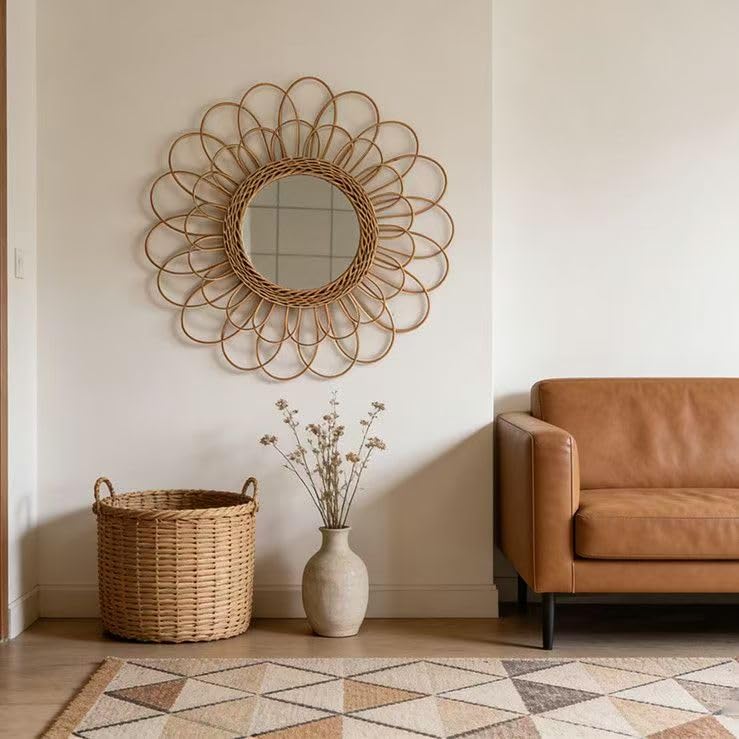OYPEIP 22" Large Rattan Innovative Art Decoration Round Makeup Mirror Dressing Bedroom Bathroom Wall Hanging Mirrors Craft Photo Props,Glass Decor