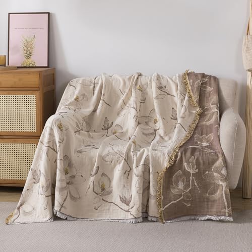 Lemfux 4-Layer 100% Cotton Muslin Cooling Blanket, Boho Floral Gauze Throw with Fringe, Ultra Soft Breathable Lightweight Bedspread Coverlet for Bed Sofa Couch - color: Magnolia Floral, size: 80"x90"