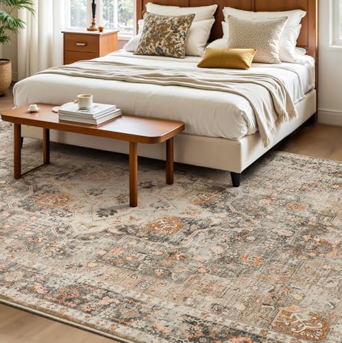YOH Boho Washable Rug 4x6, Terracotta Vintage Non Slip Area Rug, Distressed Indoor Carpet for Living Room Bedroom Kitchen Office - color: Terracotta, size: 4' x 6' (Rectangular)