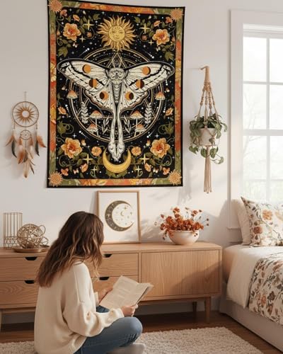 Aipon Orange Moth Tapestry Boho Retro Floral Flowers Tapestries Aesthetic Vintage Mushroom Tapestries for Bedroom Indie Small Tapestry Wall Hanging for Living Room Dorm (30'' × 40'', Orange) - color: Orange, size: 40"L x 30"W