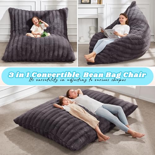 Hobestluk 3 in 1 Bean Bag Chair Giant Bean Bag Chairs for Adults with Ripple Cover Convertible Bean Bag Floor Cushion with Machine Washable Cover for Living Room (Ripple Dark Grey) - color: Dark Slate Grey