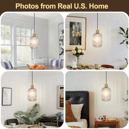 2 Pack Pendant Lights with Vintage Clear Ribbed Glass Lampshade, Adjustable Brushed Gold Pendant Lights Fixtures for Kitchen Island Lighting Sink, Dining & Living Room Hallway (Bulbs Not Included) - color: 2 Pack Brushed Gold + Clear Glass