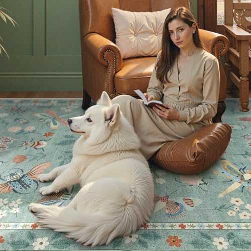 Beeiva Insect Print Washable Area Rug 6x9 for Bedroom Under Bed - Sage Green Non Slip Dining Room Rugs for Under Table, Stain Resistant Large Carpet for Living Room Kids Playroom Decor(6'x9',Green) - color: Light Green, size: 6' x 9' (Rectangular)