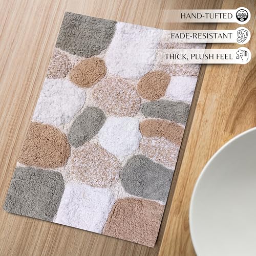 Ramanta Home Pure Cotton Pebble Stone Bathroom Mat Set of 2 - Grey Beige, Super Soft Anti Skid Absorbent Bath Rug Set for Bathroom, Kitchen, Machine Washable Bathrugs - 21x32 & 17x24 Inch - color: Grey Beige, size: 21" x 32" & 17" x 24" (Set of 2)