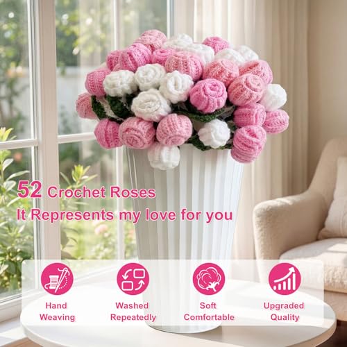 Tenn Well Crochet Bouquet Blanket, Gifts for Mom Daughter Grandkids Her Wife Girlfriend, Soft Knitted Throw Blankets,Housewarming Gifts for Birthday Anniversary (Pink and White Roses)