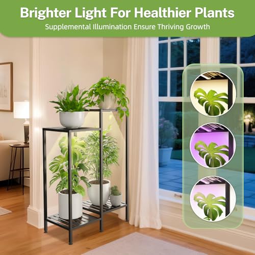 iDavosic.ly Indoor Plant Stand with Grow Light, Metal 4 Tier Corner Flower Holder Shelf Outdoor for Large Pots, Tall Rack for Patio Porch Balcony Living Room, Black - color: Black with Light, size: 4 Tiers