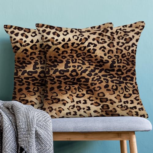 Brown Leopard Print Pillow Covers 16x16 Pack of 2,Cheetah Animal Print Throw Pillow Cover Boho Modern Brown Decorative Pillowcase Farmhouse Linen Cushion Cover for Home Couch Sofa Outdoor Decor - color: Leopard Print 1-q, size: 16" x 16" (Pack of 2)