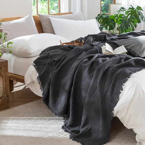 MooMee Muslin Blanket - 100% Cotton 4-Layer Gauze Throw Blanket with All-Around Fringe, Soft Breathable Lightweight Cooling Summer Blankets for Bed Couch (Dark Grey,Oversize Queen 98" x 98") - color: Dark Grey, size: Oversize Queen