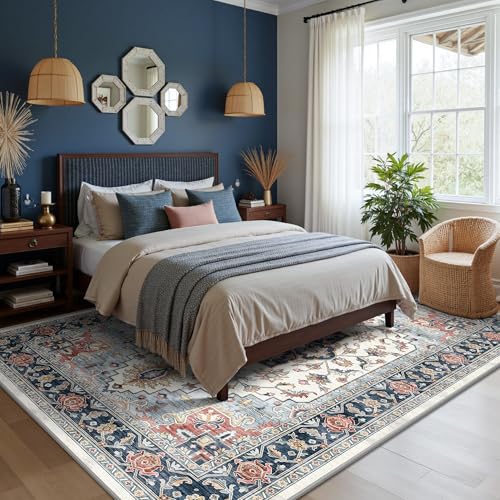 5x7 Area Rugs - Washable Rug Vintage Distress Boho Medallion Rugs for Living Room, Soft Non-Slip Backing Low Pile Carpet for Bedroom Dining Room Office Nursery Dorm Home, Blue Beige Orange - color: D-navy Blue/Beige/Orange, size: 5' x 7' (Rectangular)