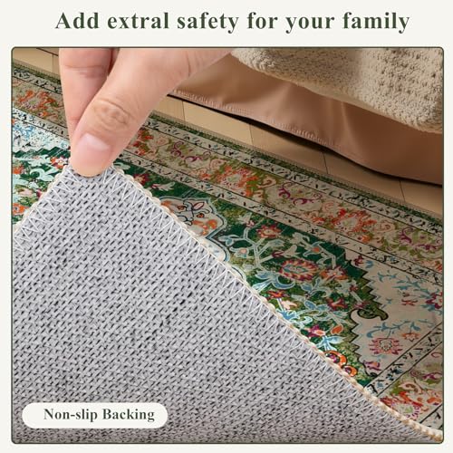 U'Artlines 2' x 5' Boho Hallway Runner Rug, Non Slip Washable Vintage Farmhouse Accent Area Rug Carpet for Kitchen Entryway Laundry and Living Room (Green) - color: Green, size: 2' x 5' (Runner)