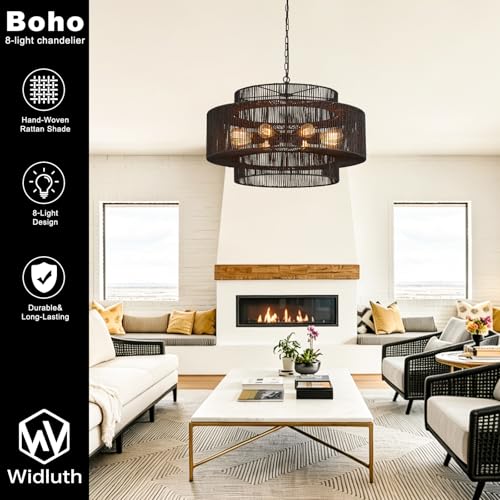 30" Large Black Rattan Chandelier, 8-Light Hand-Woven 3-Tier Drum Wicker Boho Farmhouse Light Fixture, Retro Pendant for Dining Room Kitchen Island Bedroom Living Room Foyer - color: Black 30"