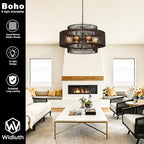30" Large Black Rattan Chandelier, 8-Light Hand-Woven 3-Tier Drum Wicker Boho Farmhouse Light Fixture, Retro Pendant for Dining Room Kitchen Island Bedroom Living Room Foyer - color: Black 30"