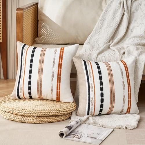 Boho Pillow Covers 18x18 Square Farmhouse Decorative Cushion Case Striped Square Cushion Cover Cozy Soft Neutral Throw Western Pillows Protector Modern Decorative for Couch Sofa Bed, Set of 2 - color: Orange