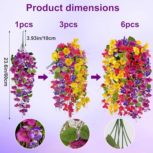 6Pcs Artificial Hibiscus Fake Hanging Flowers, Silk Faux Flowers for Outdoor Planters, UV Resistant Artificial Outdoor Plants for Hanging Baskets, Porches, Patios Decorations (Purple + Red+Yellow) - color: Purple + Red+yellow